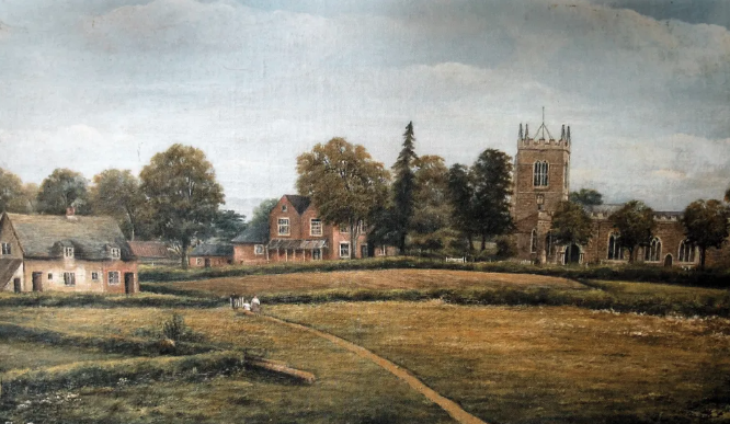Painting of Ross Meadow towards church Painting of Ross Meadow towards church
